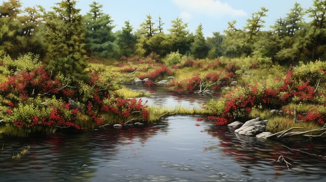 An ultra-realistic cranberry bog with vibrant red berries peeking through the floating greenery, showcasing their glossy texture - Generative AI