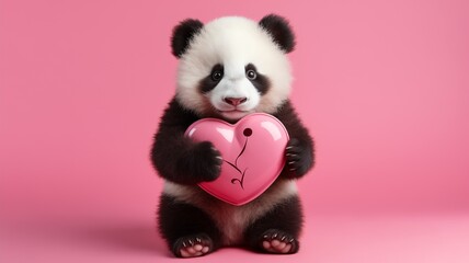 Cute little panda holding and hugging a heart on a pink background. Valentine concept