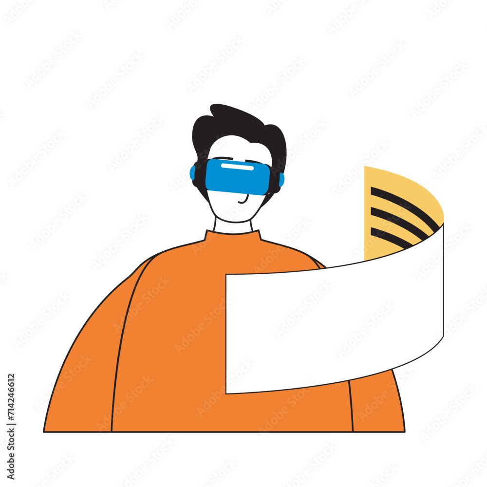 Poster virtual reality concept with cartoon people in flat design for web. man in vr headset interacting wi