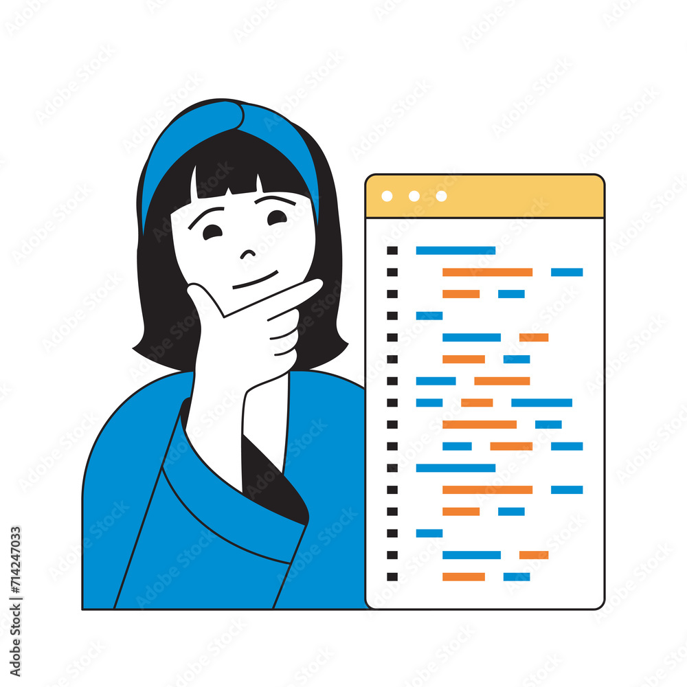 Poster virtual reality concept with cartoon people in flat design for web. woman working with programming c