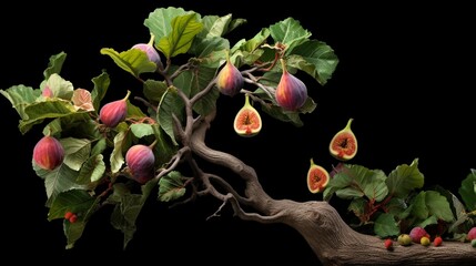 An ultra-realistic fig tree with intricate leaves and clusters of ripe figs, the textures and colors painstakingly depicted - Generative AI