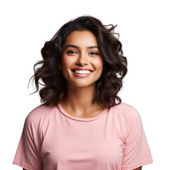 A woman smiling and wearing a pink shirt on a transparent background png isolated