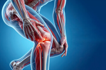 Anatomy of a human body with knee pain isolated on bright blue background. ai generative