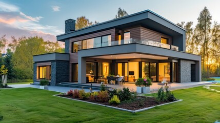 A modern and luxurious dream house, ideal for various property business purposes, including house rental, buying and selling, and investment - obrazy, fototapety, plakaty