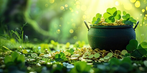 Pot of gold coins for St. Patrick's Day on green grass background