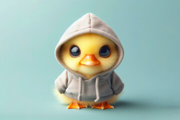 Little duck with big eyes dressed in a hoodie isolated on a solid color background. ai generative