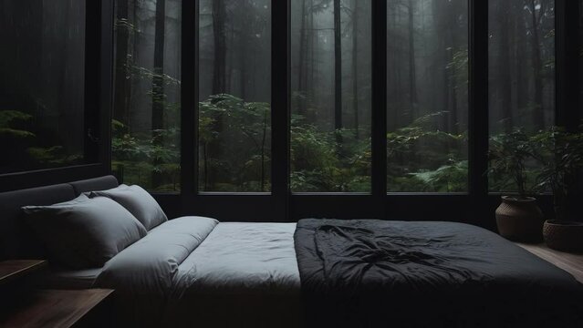 	
cozy rainy day at home. Cozy apartment bedroom with big window. Raining outside. Cozy hotel. Beautiful forest jungle landscape.	
