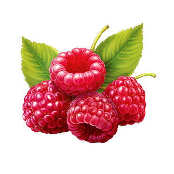 A drawing of raspberries with leaves on a transparent background png isolated