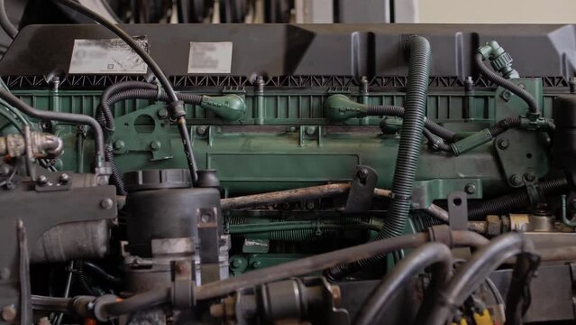 Powerful diesel truck engine. Close-up 