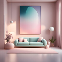 Interior of soft pink modern room with a comfortable sofa and plants