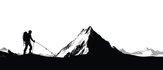 Silhouette of a young man who has successfully climbed a mountain vector illustration