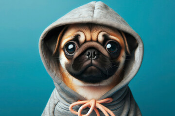 Little Pug dog with big eyes dressed in a hoodie isolated on a solid color bright background. ai generative