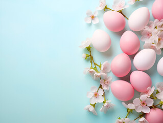Happy Easter. Easter eggs and flowers on backgrounds with copy space. Place for text.