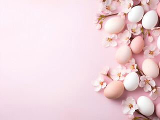 Happy Easter. Easter eggs and flowers on backgrounds with copy space. Place for text.