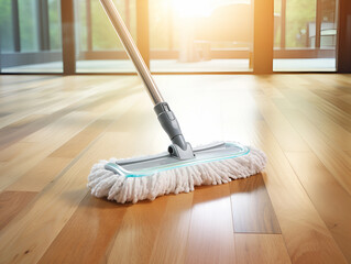 Floor cleaning with mob and cleanser foam. Cleaning tools on parquet floor
