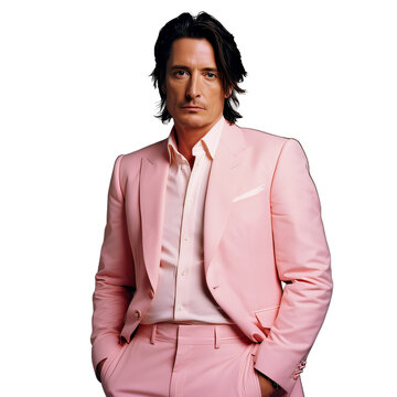 A middle-aged man in a pink suit with long black heair  on a transparent background png isolated