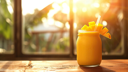 Mango smussie in a glass with a straw, on a wooden table in a bright room, with a window on a blurred background