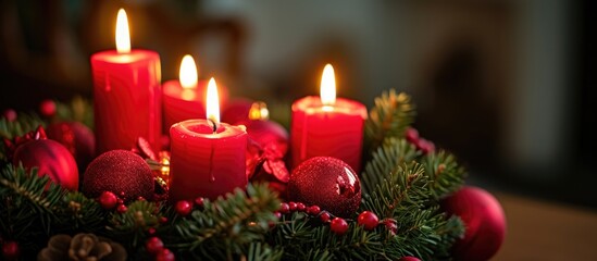 Advent wreath with red candles and decorations on the third Sunday of Advent.