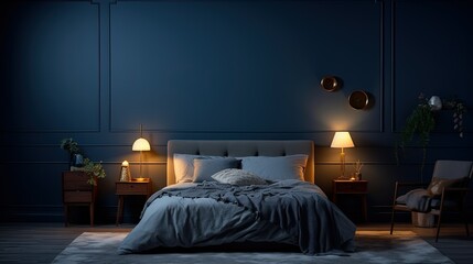 Elegantly designed bedroom in navy blue with soft ambient lighting, plush bedding, and tasteful decor.