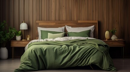 Cozy Scandinavian bedroom design with a warm wooden headboard, soft green linen, and natural decor elements.