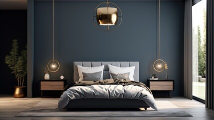Minimalist bedroom featuring a sleek design with gold pendant lighting and accents complementing a dark blue wall. - obrazy, fototapety, plakaty