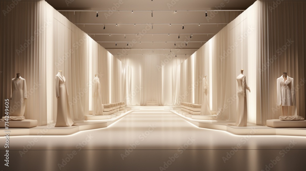 Poster an upscale fashion runway with minimalist design and elegant lighting, providing unoccupied space fo
