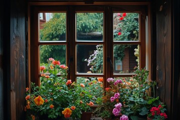 open window with flowers.
