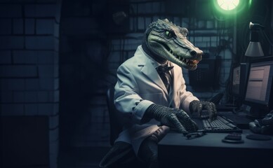 In a whimsical scene, a crocodile dons a doctor's attire, diligently working at a computer in its professional office space.Generated image