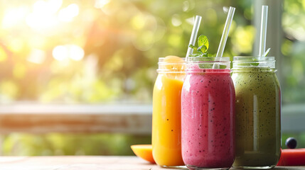 Colorful smoothies in a clear glasses jar with a straw, on a table, in sunlight, on a blurred window background