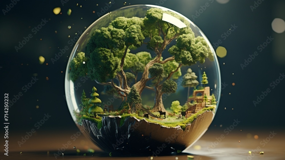 Poster world globe is placed on the tree like it is a fruit, ultra realistic - generative ai