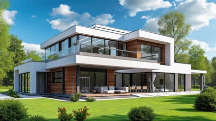 A modern and luxurious dream house, ideal for various property business purposes, including house rental, buying and selling, and investment - obrazy, fototapety, plakaty