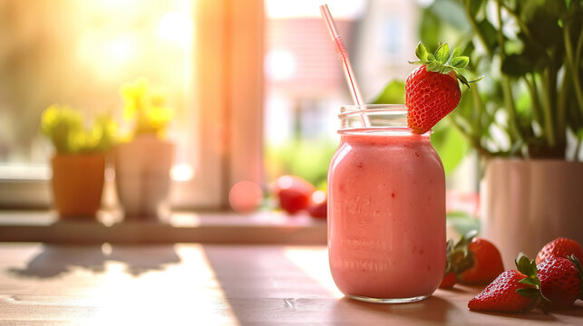 Strawberry milkshake in a glass glass with a straw, on a wooden table in a bright room, with a window on a blurred background