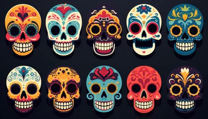 Muurstickers Schedel Row of colorful skulls on dark background