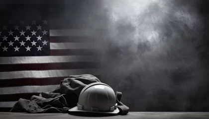 Fotobehang Safety helmet and america flag background in fog © LFK