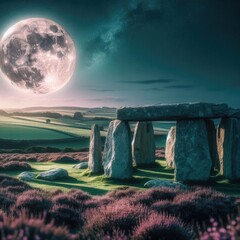 Moonlit Mystique: Ancient Megalithic Ruins in the Night Meadow