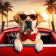 Golden retriever wearing sunglasses inside a car with the sunset in the background.
