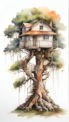 a old tree and a treehouse watercolor drawing white background. generated by AI