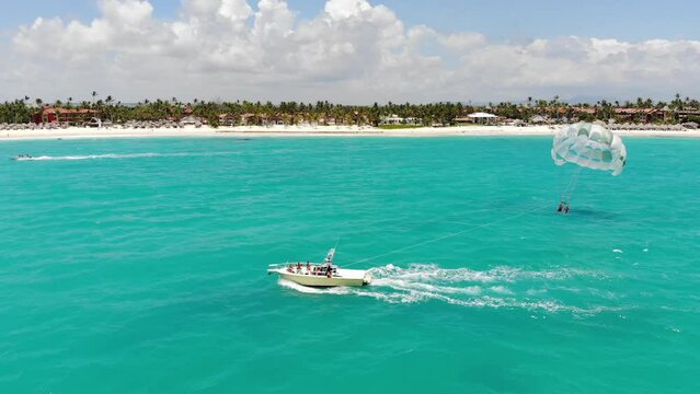 parasailing on the beach, aerial view caribbean