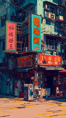 Fototapeta na wymiar Asian city street in anime style, Generative AI