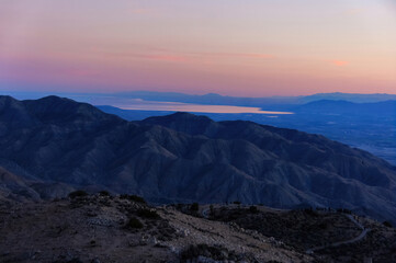 Twilight views above Keys View, the highest viewpoint in Joshua Tree National Park, California, USA.
