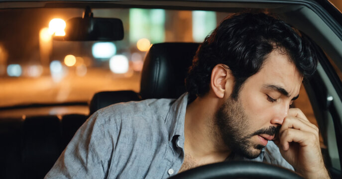 A dangerous scene portraying a tired and drunk driver asleep at the wheel in a city setting, highlighting the risks and potential consequences of driving under the influence.
