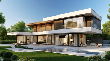Ideal concept inspiration for showcasing modern houses in business rentals, homes for sale, and advertisements focusing on luxury and contemporary design.
