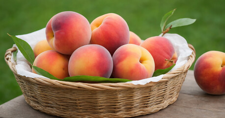 A bountiful display of fresh and juicy peaches and nectarines in a wooden basket, set on a table against a natural background, embodying the essence of a healthy and delicious summer harvest.