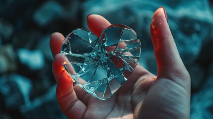 A hand holding a hardship love icon shattered mirror - obrazy, fototapety, plakaty