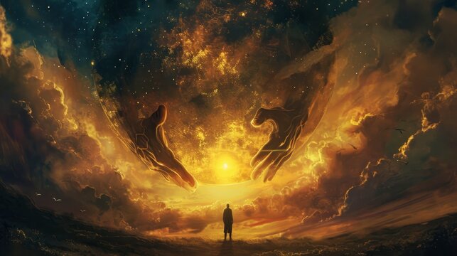 A twilight sky with massive hands attempting to clutch a radiant sun