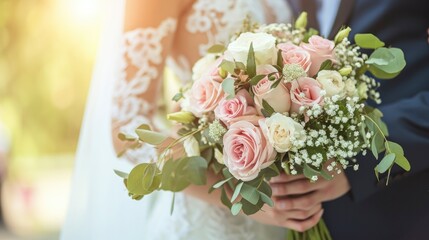 Beautiful couple getting married with roses - obrazy, fototapety, plakaty