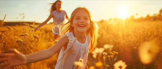 Sun-Kissed Happiness: A Child's Laughter in a Golden Meadow with a Woman in the Background at Sunset