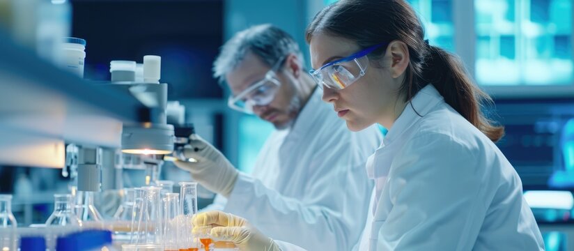 Female scientist and senior supervisor observing cell colony in research lab.