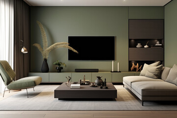 Seating group and decor modern minimal living room interior design olive colors