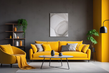 Seating group and decor modern minimal living room interior design saffron yellow colors